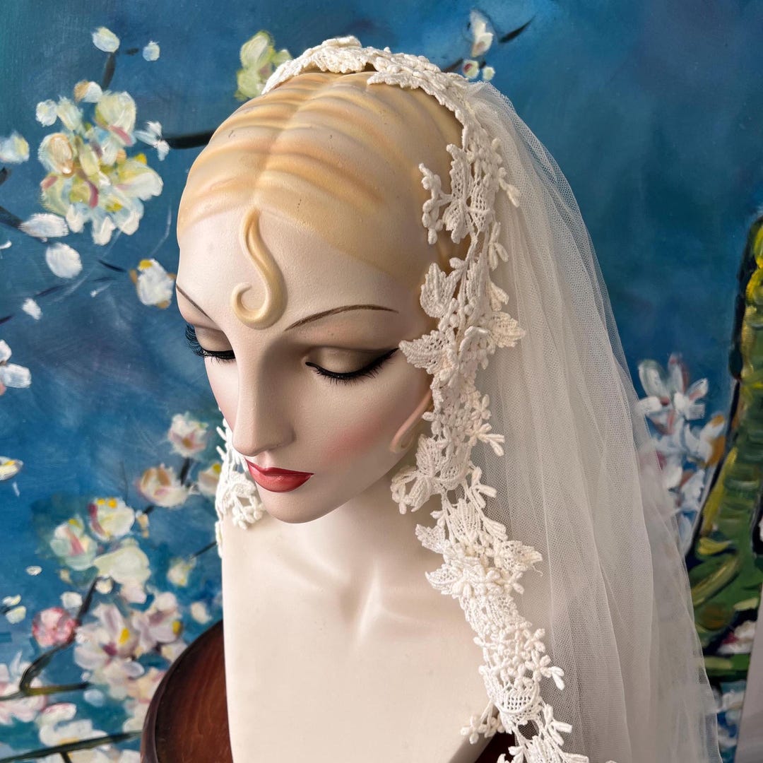 1970s Long Lace Mantilla with Crown Veil