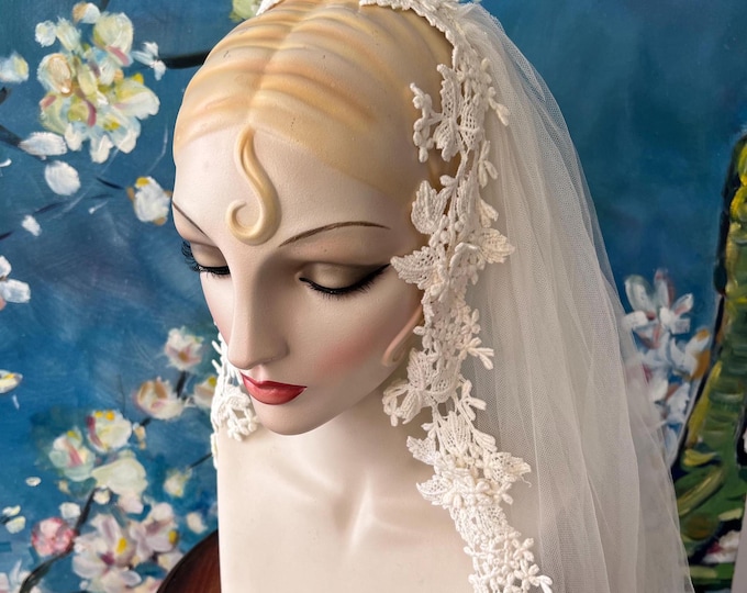 Featured listing image: 1960s does 1920s Lace Edge Mantilla Veil One Tier Wedding Veil Cream Lace Trim Lace Wedding Veil Romantic Veil Long Chapel Veil Restored