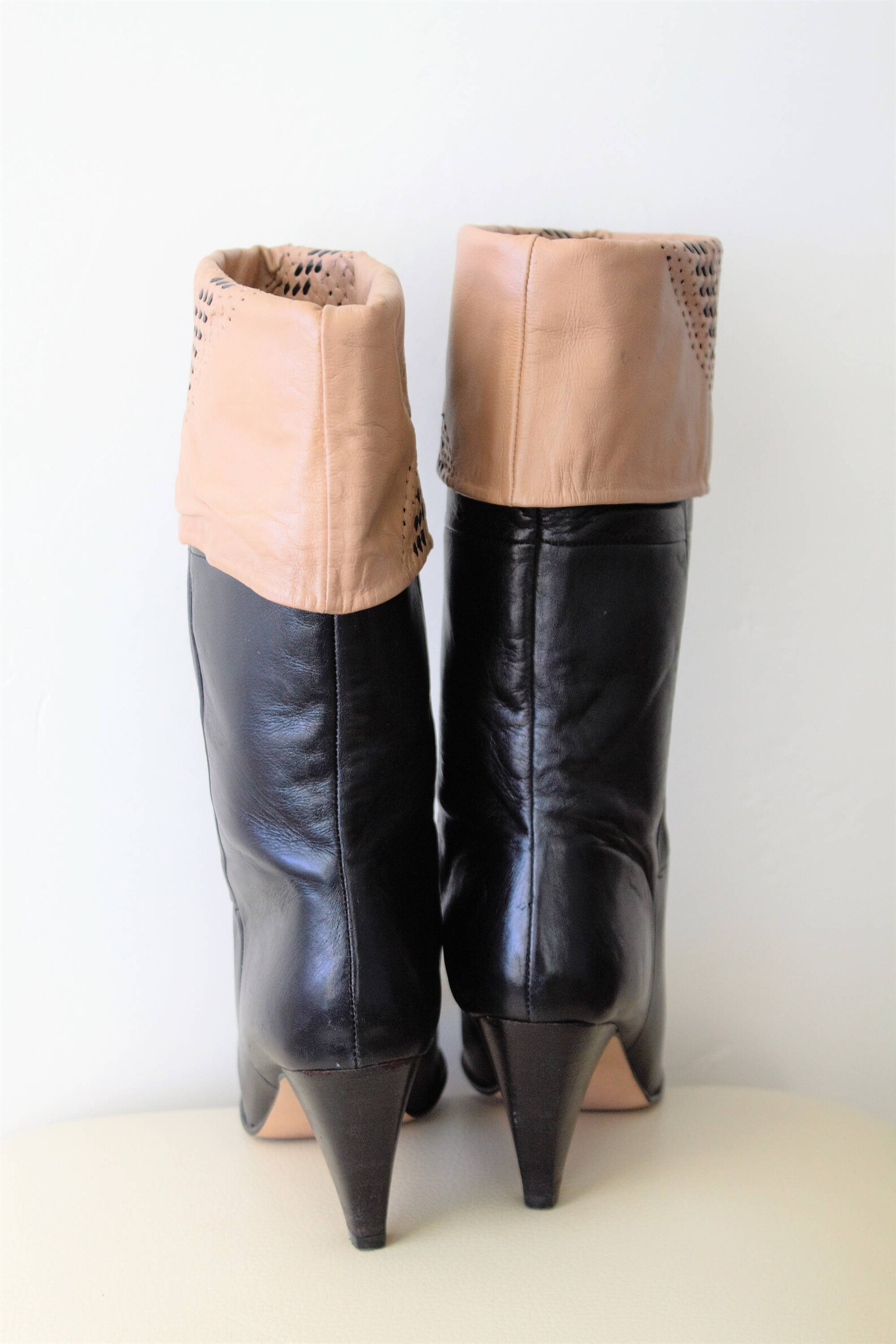 80's Black Boots Women Leather Boots Biege Cuffs Ankle Etsy