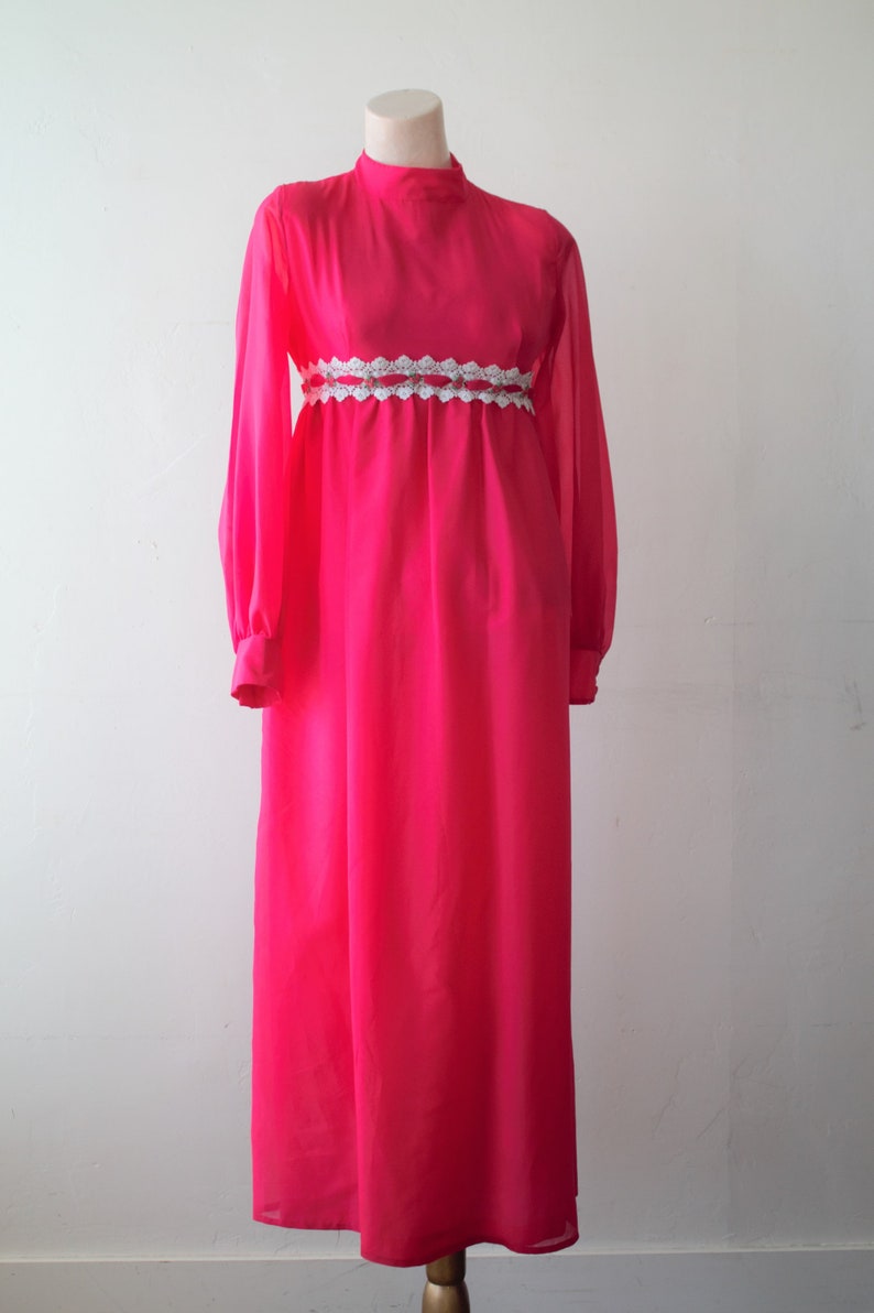 50/%off SAVE NOW Empire Waist Dress 70s Chiffon Dress Long Prom Dress Empire Dress Chiffon Maxi Dress Empire Line Dress Bright Pink White Eye