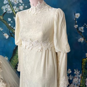 May include: Ivory-colored vintage wedding dress with long sleeves and a high neckline. The dress features delicate lace trim at the neckline, waist, and cuffs. The dress is displayed on a mannequin against a blue background with a floral painting.