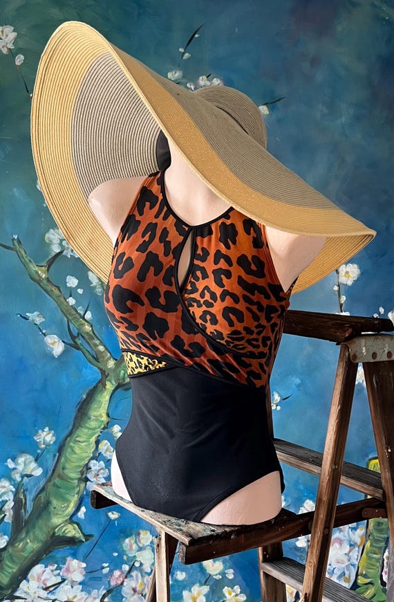 CLEARANCE Vintage Oscar de la Renta Swimsuit: 70s Orange Leopard Print, Keyhole Bodice