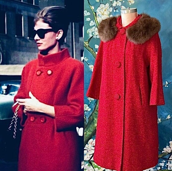 1950s Red Boucle Wool Coat Fur Collar Large Match… - image 1