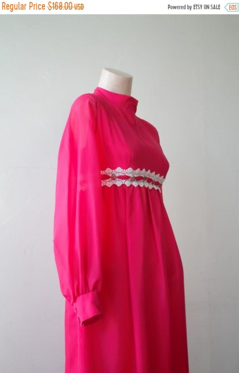 50/%off SAVE NOW Empire Waist Dress 70s Chiffon Dress Long Prom Dress Empire Dress Chiffon Maxi Dress Empire Line Dress Bright Pink White Eye