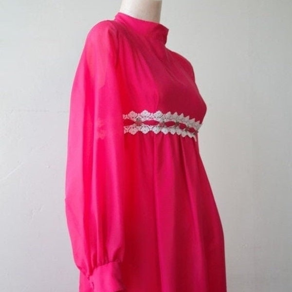 Vintage 70s Empire Waist Mixed Pattern Pink Red Dress