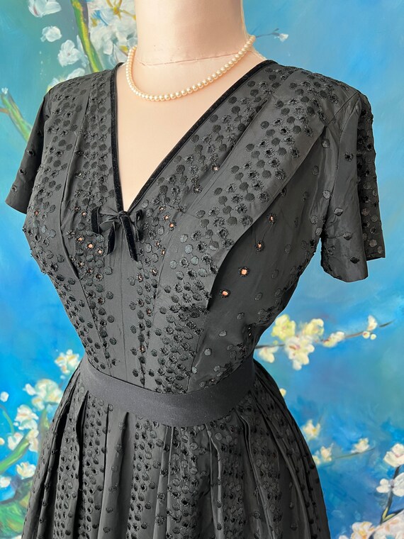 1950s Navy and Black Eyelet Dress with Drop Waist Illusion