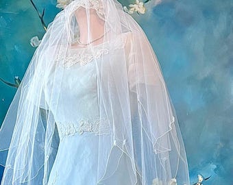 60s Cottagecore Princess Bride Cinderella Blue Bridal Gown White Silk Organza Lace Appliqué Back Bustle Bow Train Handmade Wedding Dress M