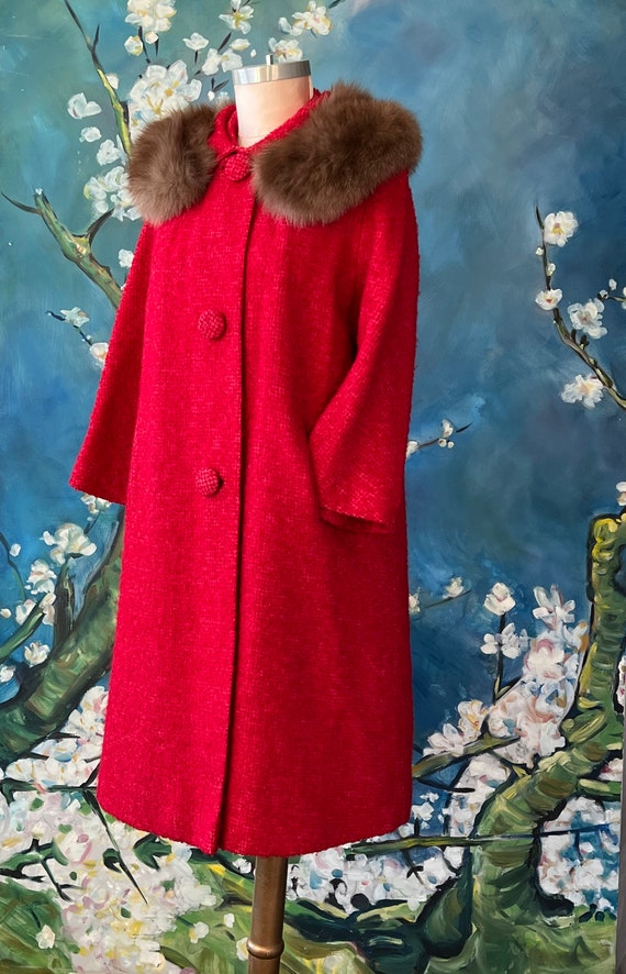 1950s Red Boucle Wool Coat Fur Collar Large Match… - image 7