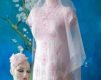 Pink Ombre Silk Organza Wedding Dress: Lace Applique, Empire Waist - Priscilla of Boston