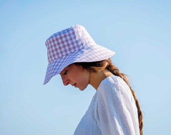 Gingham Bucket Hat, Pink Checkered Hat, Summer Cap, Fisherman's Hat, Cotton fabric, 2 Sizes