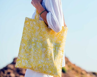 Yellow Tote Bag, Liberty of London Tote Bag, Floral Tote Bag with Pocket, Liberty Market Bag, Cotton Fabric Tote Bags
