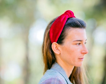 Red Velvet Classic Top Knotted Headband, Winter Hair Accessories, Birthday Gift For Girlfriend, Adult Size Aliceband