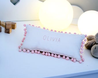 Name Pillow, Personalized Gift For New Baby, Pom Pom Pillow, 13X6.5 Inches