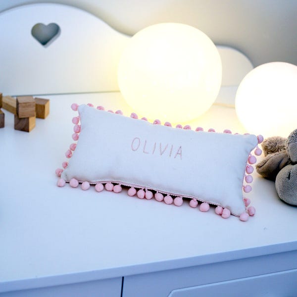 Name Pillow, Personalized Gift For New Baby, Pom Pom Pillow, 13X6.5 Inches