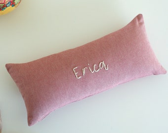 Dusty Pink Small Lumbar Pillow, Personalised With Hand Embroidery, 13 X 6 Inches