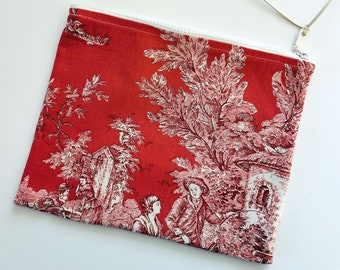 Toile De Jouy Pouch with Zipper, Lined Zipper Pouch for Face Masks, Bridesmaid Gift Makeup Bag