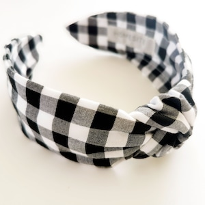 Black and White Check Headband, Gingham Checkered Cotton Top Knot Headband for Women, Matching Facemask and Scrunchie image 1