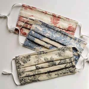 Toile de Jouy Pleated Face Mask, Set Of 3,  With Nose Wire, Filter Pocket, Adjustable Ear Loops and a Fabric Pouch