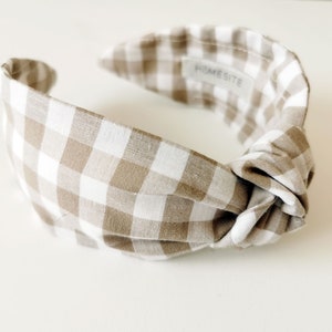 Ginham Knotted Headband for Women, Beige Checkered Cotton Aliceband, Matching Facemask and Scrunchie