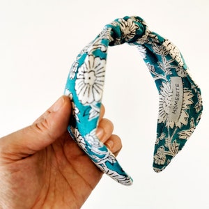 Teal Knot Headband, Green Turquoise Knotted Hairband, Cotton Floral Hair Accessory for Women