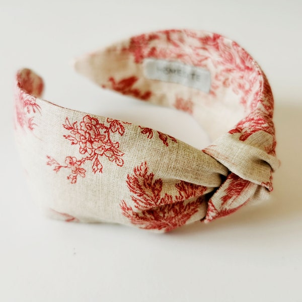 Français Toile de Jouy bandeau noué pour les femmes, bandeau de toile rouge avec noeud supérieur, bandeau de noeud de Turban, bandeau de noeud supérieur de femmes