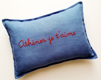 Athens Souvenir Pillow, Hand Embroidered Flange Linen Pillow, Statement Pillow, Athenes Je T'aime, 14 x 10 Inches