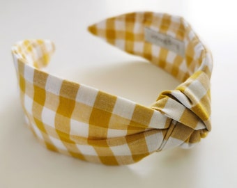 Mustard Yellow Knotted Headband, Women's Gingham Checkered Cotton Top Knot, Facemask and Scrunchie Set