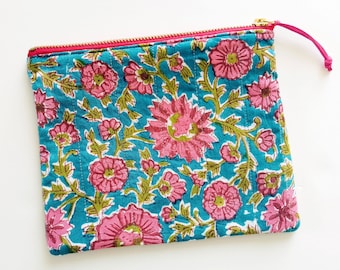 Floral Zipper Pouch, Cotton Zipper Bag, Gift for Her, 8 x 6.5 Inches