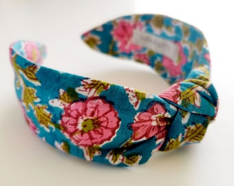 Floral Top Knot Headband, Teal Knotted Headband, Wide Hairband, Summer Hair Accessories, Boho Headband, Gift For Girlfriend