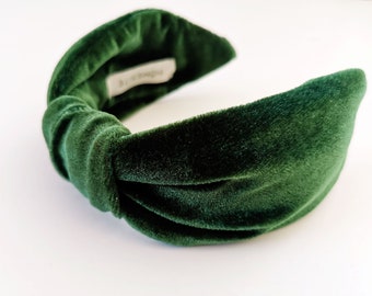 Forest Green Flat Knot Headband,  Wide Velvet Headband for Women, Adult Size