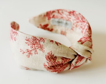 French Toile de Jouy Knotted Headband for Women, Red Toile Headband with Top Knot, Turban Knot Headband, Womens Top Knot Headband