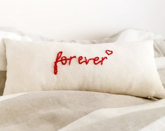 Forever Pillow, Small Lumbar Hand Embroidered Pillow, Couples Gift, 13 x 6 Inches