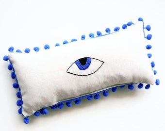 Evil Eye Hand Embroidered Mini Lumbar Pillow, Teen Decor,  Housewarming Gifts, 30X15 cm, 12X6 inches