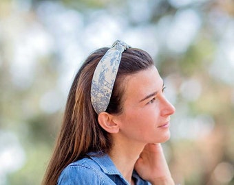 Toile de Jouy Top Knot Headband, Blue Toile Knotted Headband, Women's Top Knot Headband