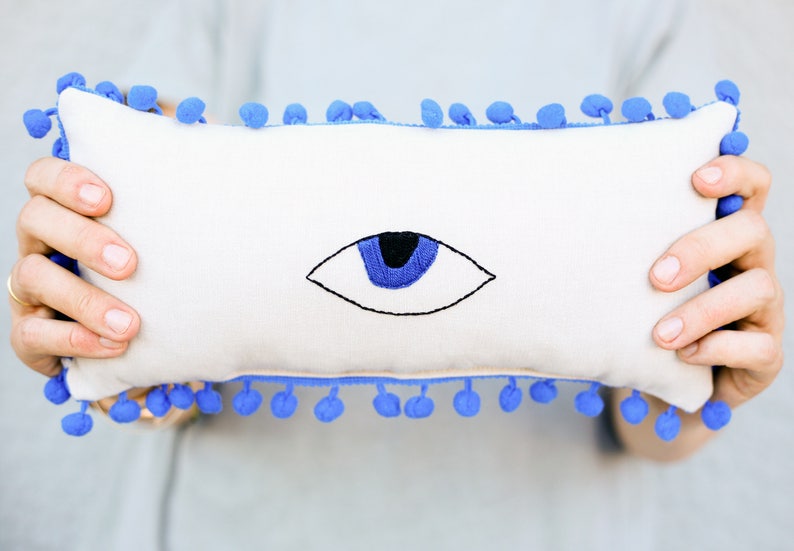 Evil Eye Hand Embroidered Mini Lumbar Pillow, Teen Decor, Housewarming Gifts, 30X15 cm, 12X6 inches image 4