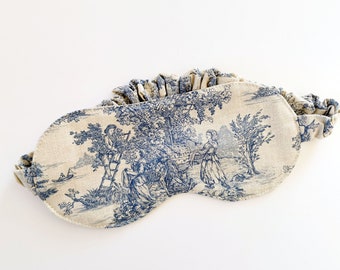 Blue Toile De Jouy Sleeping Mask For Women, Sleep Mask, Toile Cotton Fabric, Travel Accessory, Gift For Her, One Size