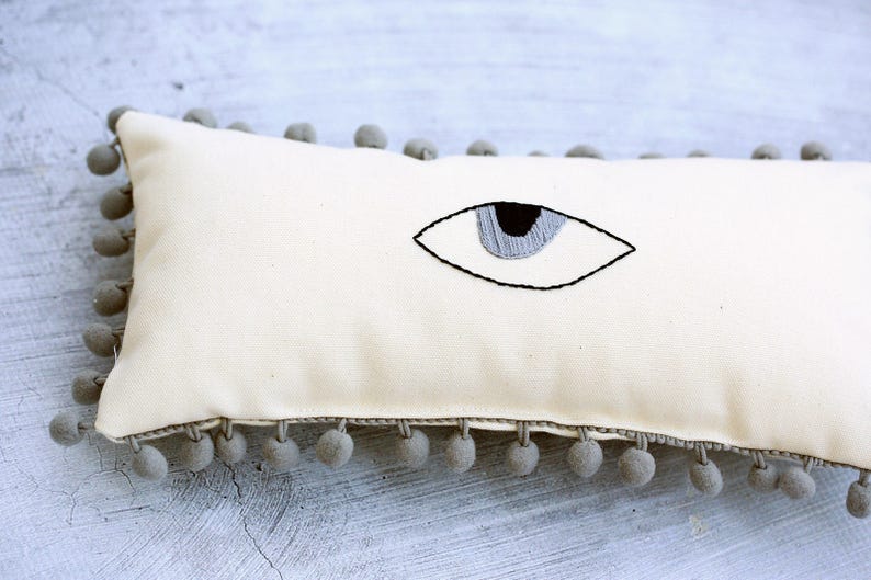 Evil Eye Home Decor Hand Embroidered Mini Lumbar Pom Pom Pillow Good Luck Pillow