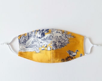 One Toile De Jouy Face Mask, With Adjustable Ear Loops And A Fabric Pouch, Washable Fabric Facemask, Standard Adult Size