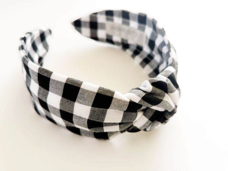 Black and White Check Headband, Gingham Checkered Cotton Top Knot Headband for Women, Matching Facemask and Scrunchie image 1