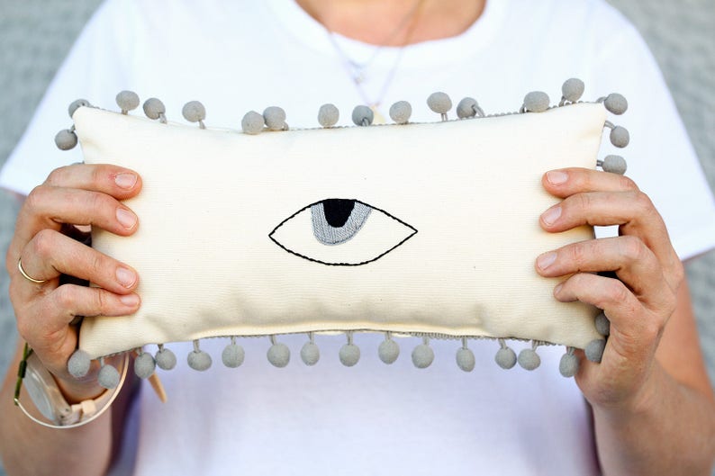 Evil Eye Home Decor Hand Embroidered Mini Lumbar Pom Pom Pillow Good Luck Pillow