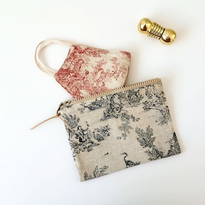Toile De Jouy Pouch, Cotton Zipper Bag, available in three colors and two sizes image 6