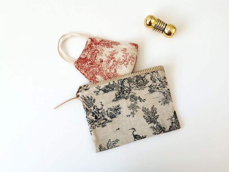 Toile De Jouy Pouch, Cotton Zipper Bag, available in three colors and two sizes image 6