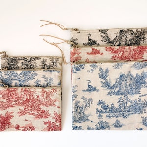 Toile De Jouy Pouch, Cotton Zipper Bag, available in three colors and two sizes image 4