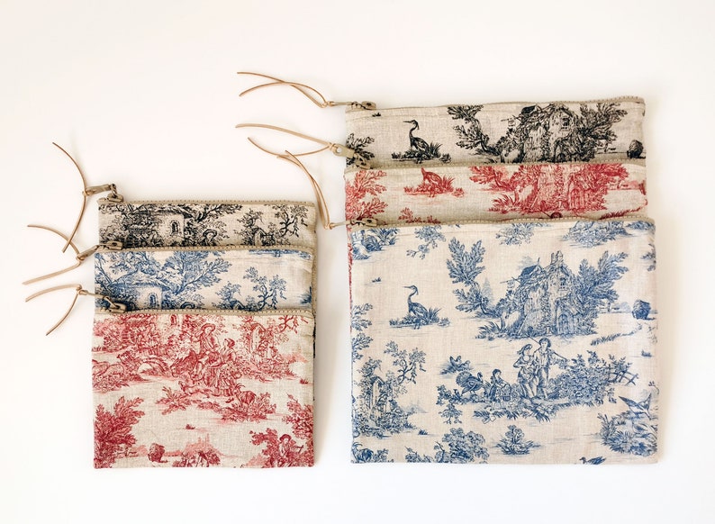 Toile De Jouy Pouch, Cotton Zipper Bag, available in three colors and two sizes image 4