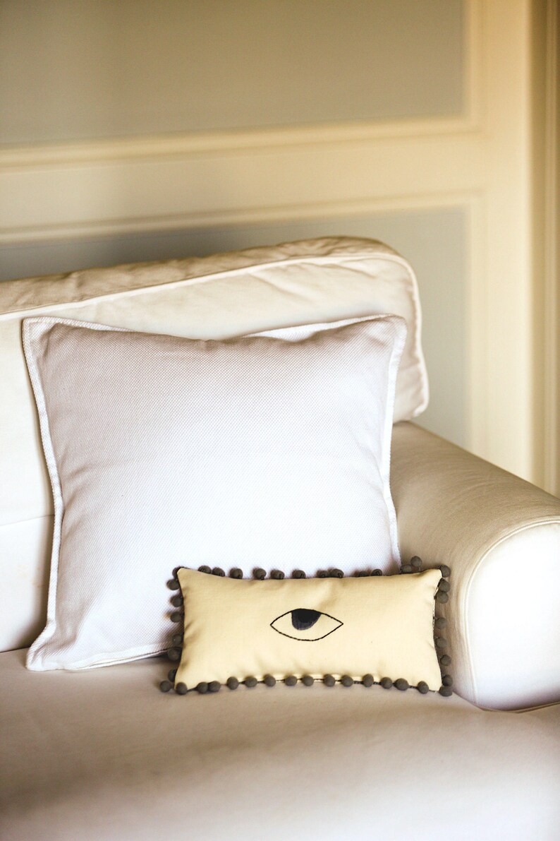 Evil Eye Home Decor Hand Embroidered Mini Lumbar Pom Pom Pillow Good Luck Pillow