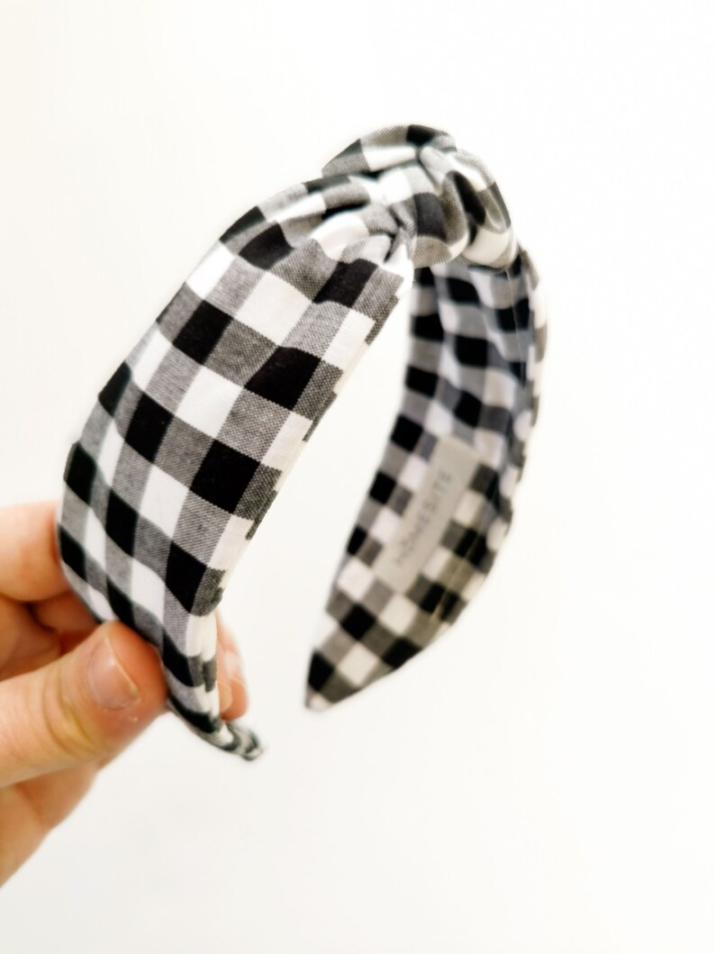 Black and White Check Headband, Gingham Checkered Cotton Top Knot Headband for Women, Matching Facemask and Scrunchie image 6