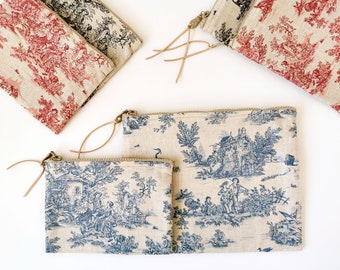 Toile De Jouy Pouch, Cotton Zipper Bag, available in three colors and two sizes