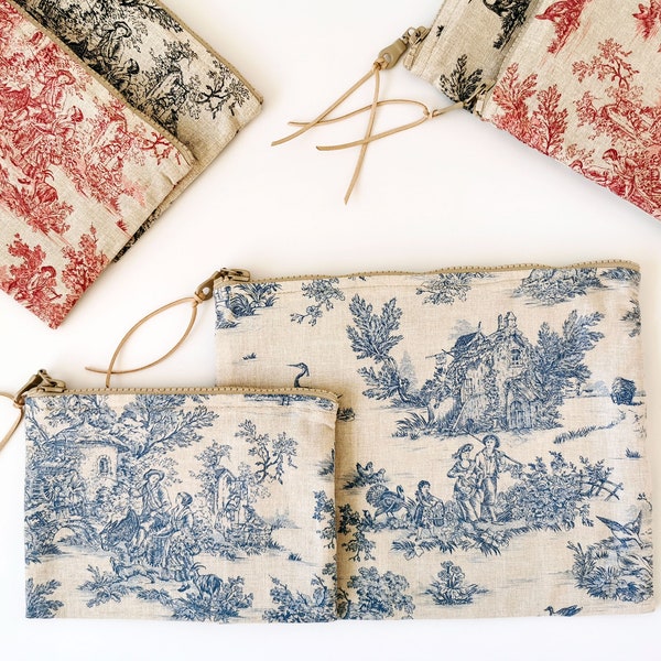 Toile De Jouy Pouch, Cotton Zipper Bag, available in three colors and two sizes