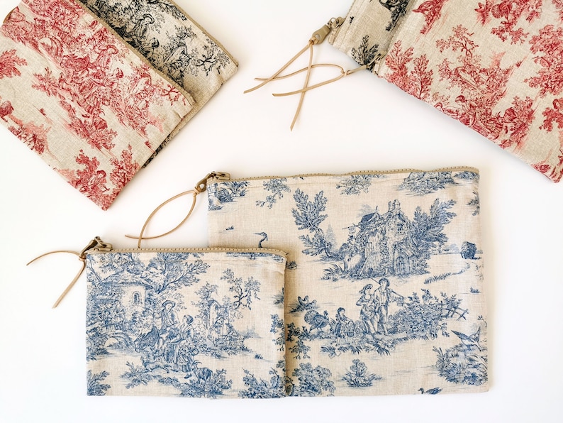 Toile De Jouy Pouch, Cotton Zipper Bag, available in three colors and two sizes image 1