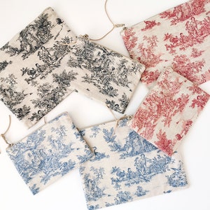 Toile De Jouy Pouch, Cotton Zipper Bag, available in three colors and two sizes image 3